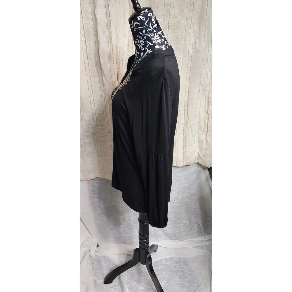 Michael Kors Black Long Sleeve Top V Neck Metal Disc